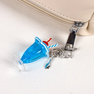 Blue cream glue dessert drink keychain with ice cream charm and star-shaped ring