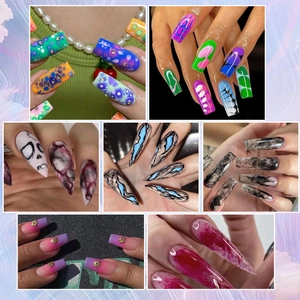 Kit de faux ongles artistiques avec effets marbrés, néon et motifs gothiques crânes