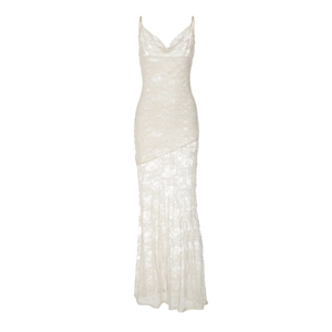 Detail of white floral lace fabric on a slim fit cowl neck backless maxi dress