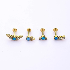 316L stainless steel flat back stud earrings with blue opal and white zircon stones