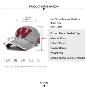 Grey washed cotton baseball cap with red W patch and size chart detailed specifications