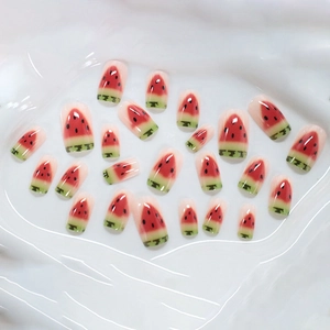 24er Set französische Wassermelone-Nägel zum Aufkleben mit süßen Sommermotiven