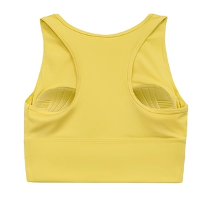 Dettaglio del reggiseno sportivo giallo con taglio a vogatore e imbottitura interna