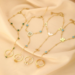 Edelstahl Gold Überzogene Handkette Ring Set Für Damen Herz Lebensbaum Kleeblatt Strass Künstliche Perle Sklavenarmband