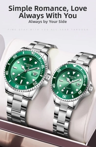 Dettaglio di set orologi al quarzo per coppia con quadranti verdi e datario luminoso