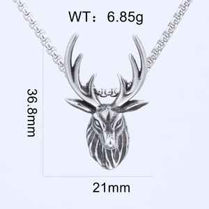 Detailed view of retro stainless steel deer head pendant with weight and size dimensions