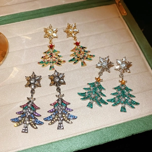 Three pairs of festive Christmas tree tassel earrings with rhinestones and pearls