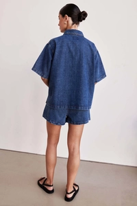 Detailed back view of a loose dark blue denim short sleeve shirt and matching shorts set