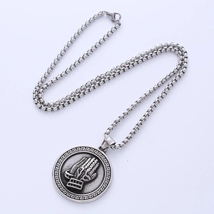 Men's titanium steel necklace with circular praying hands pendant on box chain