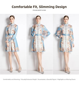 Detail view of long sleeve floral dress with stand collar and matching blue belt