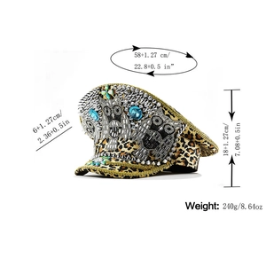 Detailed size specifications for sequined leopard print captain hat with gem embellishments