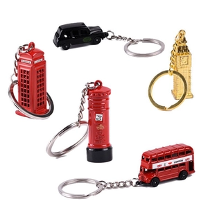 London souvenir keychains set with red bus, telephone box, and post box on white background