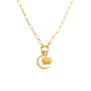18k gold-plated stainless steel necklace featuring a diamond-set moon and sun face pendant