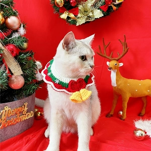 Close-up of knitted Christmas pet collar with a yellow bell and red bow on a white cat