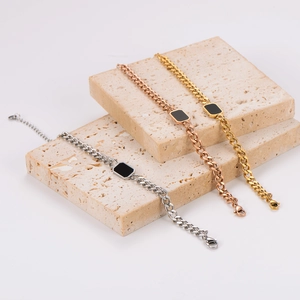 Three-piece punk NK chain bracelets with black square inlay in gold and silver finish