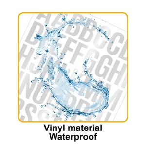 Close-up of waterproof vinyl letter stickers with dynamic splashing water effect