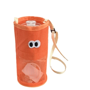 Orange mesh water bottle bag with cute cartoon eyes and adjustable shoulder strap