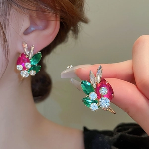 Elegant floral drop earrings with red and green crystals and sparkling rhinestones