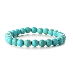 Elastic beaded bracelet with round turquoise stones and natural brown marble patterns