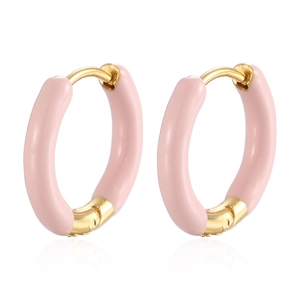 Minimalist gold-plated round hoop earrings with light pink enamel coating on white background