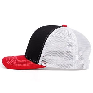 Three-tone trucker hat in red, black and white mesh with classic curved brim design