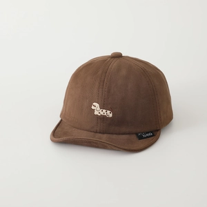Detailed close-up of brown baby soft brim cap featuring cute dachshund puppy embroidery