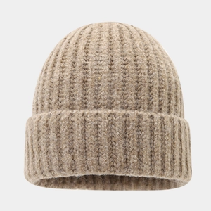 Minimalist beige cable knit beanie for winter, warm ribbed thick hat for outdoor wear