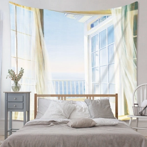 Detailed view of bohemian wall tapestry featuring a Mediterranean sea window view decor
