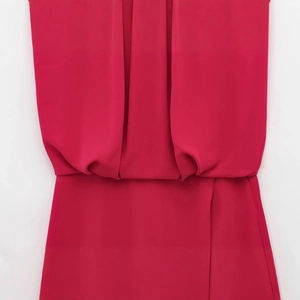 Women's sleeveless round neck romper in rose red with waist pleats and crepe texture
