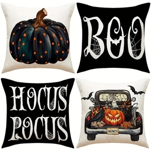 Set of four Halloween linen pillow covers featuring pumpkins, ghosts and bats patterns