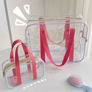 Detail of two-piece waterproof PVC transparent makeup bag set with macaron color trim