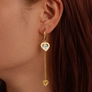 Gold tassel drop earrings with heart and evil eye pendant for women in 18K gold plated finish
