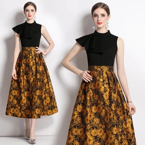 Women Midi Dress Vintage Jacquard High Waist A-Line Sleeveless Stand Collar Ruffle Edge Black Gold Color Block Retro
