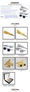Detailed close-up of business suit cufflinks and tie clips set with zircon stones