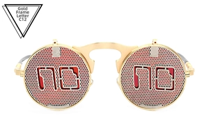 Detail of retro steampunk sunglasses with gold metal frame and flip-up silver NO mesh lenses
