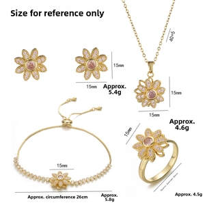 Detailed view of floral jewelry set with pink stones and exact size measurements