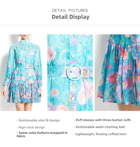 Detail view of floral print dress showing fabric covered buttons and ruffles