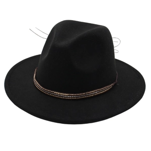 Chapeau fedora en laine noire classique avec bande décorative en perles de bronze vintage
