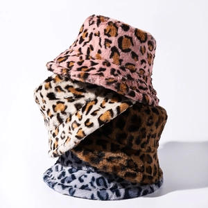 Plush leopard print faux fur bucket hats for women in multiple colors for winter warmth