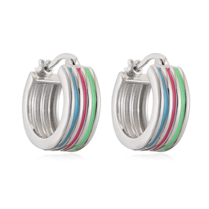 Rainbow enamel hoop earrings in silver finish featuring blue pink and green stripes