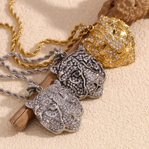 Hip hop 18K gold plated tiger face pendant necklace with rhinestones in three colors