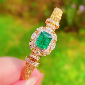 Vintage Italian Luxury Emerald Cut Green Stone Open Bangle Women Copper Hand Woven Gold Plated Rhinestone Jewelry
