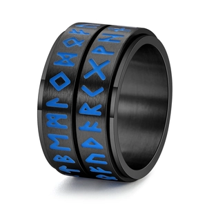 Norse Viking black spinner ring with blue luminous runes in matte brushed stainless steel