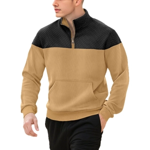 Men's color block quarter-zip long sleeve polo shirt with chest pocket and knit texture