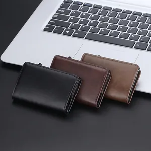 Business men's vintage RFID leather pop-up wallet with multiple card slots in three colors