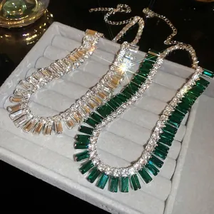 Luxury rhinestone rectangle baguette-cut choker necklaces in silver with green gems