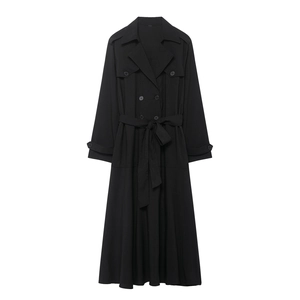 Women Trench Midi Dress Polyester Double Breasted Belted Long Sleeve Elegant British Style Solid Color Casual