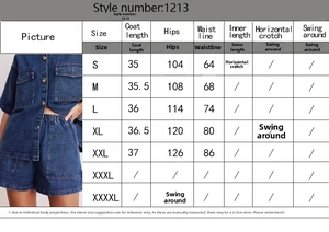 Detailed size chart for retro casual denim short sleeve shirt and shorts set with dimensions