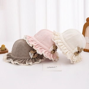 Baby girls lace brim sun hats with cute bow details in pink, beige, and brown colors
