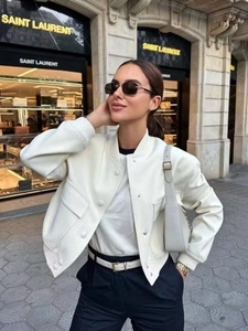 Women Bomber Jacket Short Flight Outerwear Stand Collar Large Pockets Ribbed Trim Casual Chic Coat Polyester
